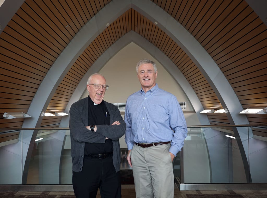 Fr. David Theroux S.S.E. '70, left, and Saint Michael's College President Richard Plumb in August 2024. (Photo by Elizabeth Murray)