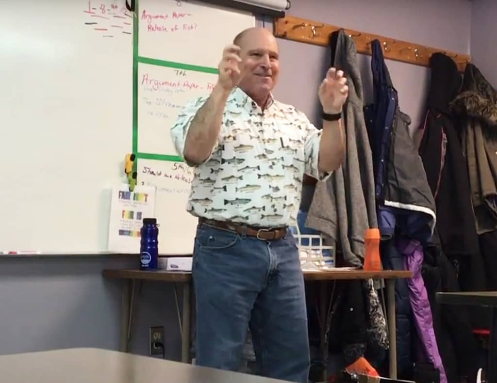 Professor Doug Facey teaches students at Lowell Graded School about fish and hatcheries on January 8.