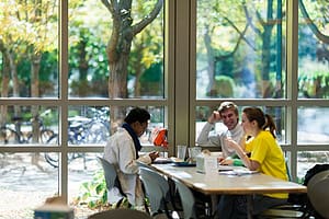 Students chat during lunch in the Green Mountain Dining Room. 