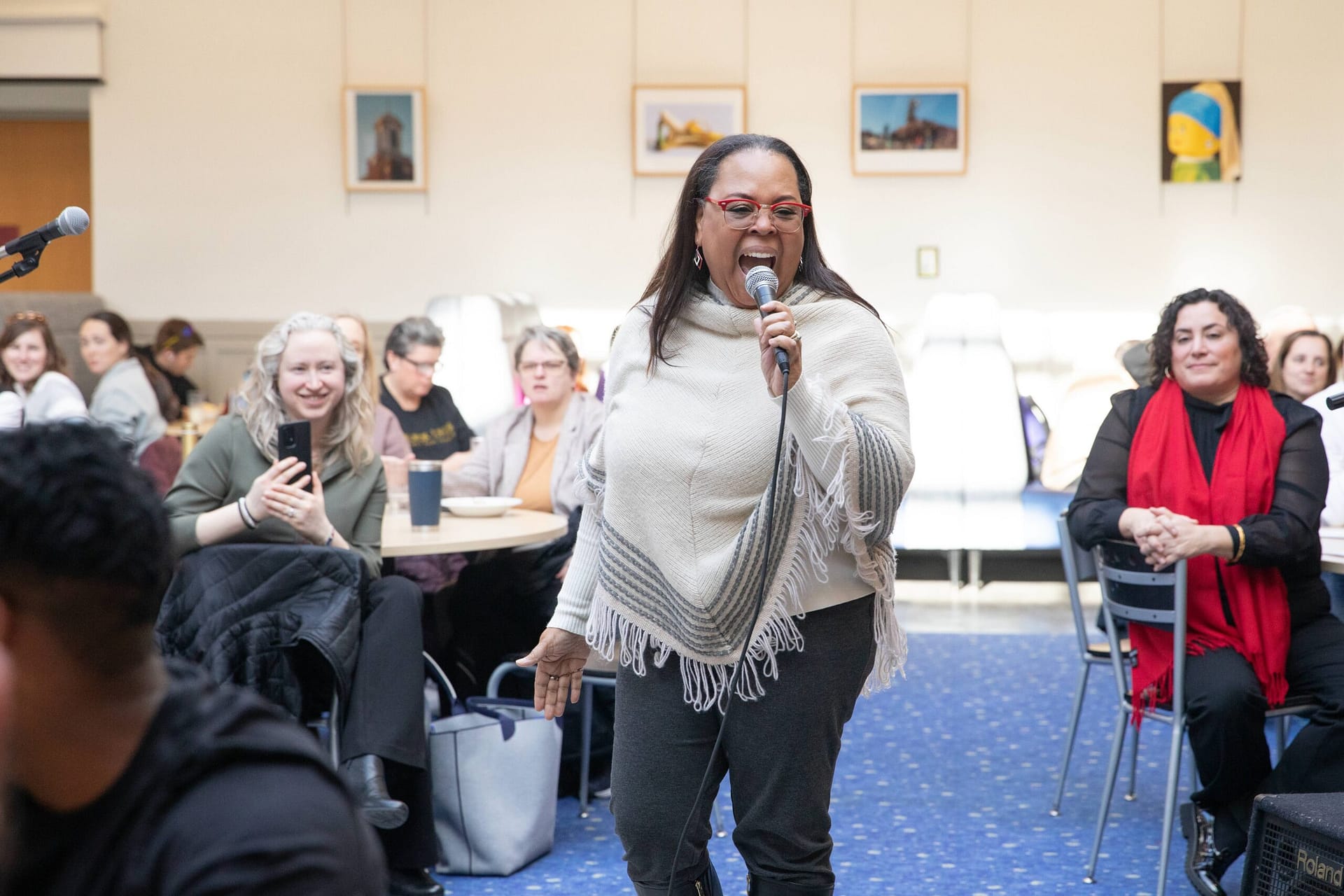 Vernita Weller, Saint Michael's College Dr. Martin Luther King, Jr. Convocation Co-Chair, sings during the 2024 MLK festivities.