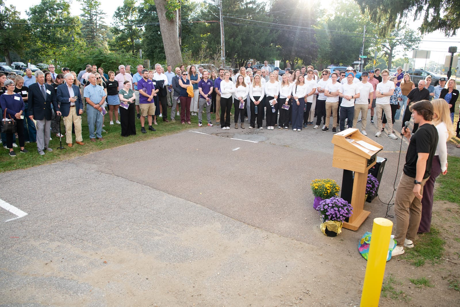 A crowd looks on during the grand opening of the Kelley Ski Center at Saint Michael's College. 